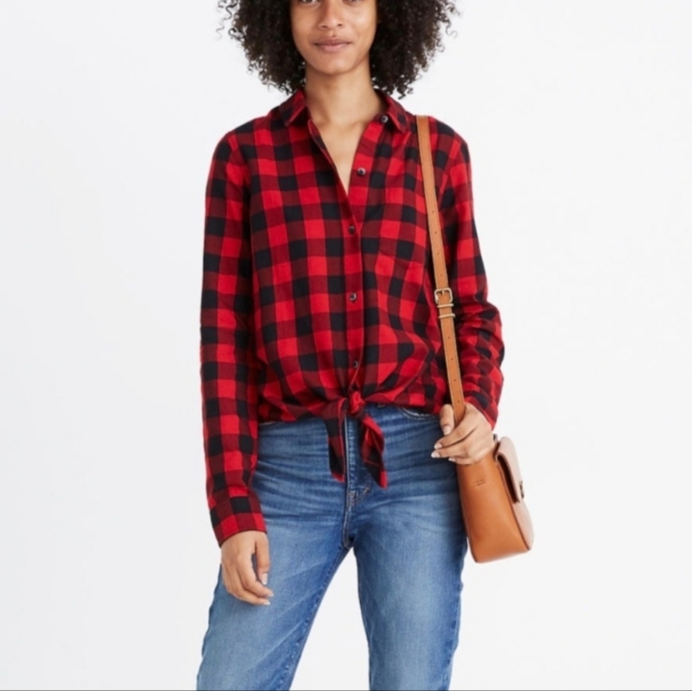 Madewell Flannel Tie-Front Shirt in Buffalo Check Size S